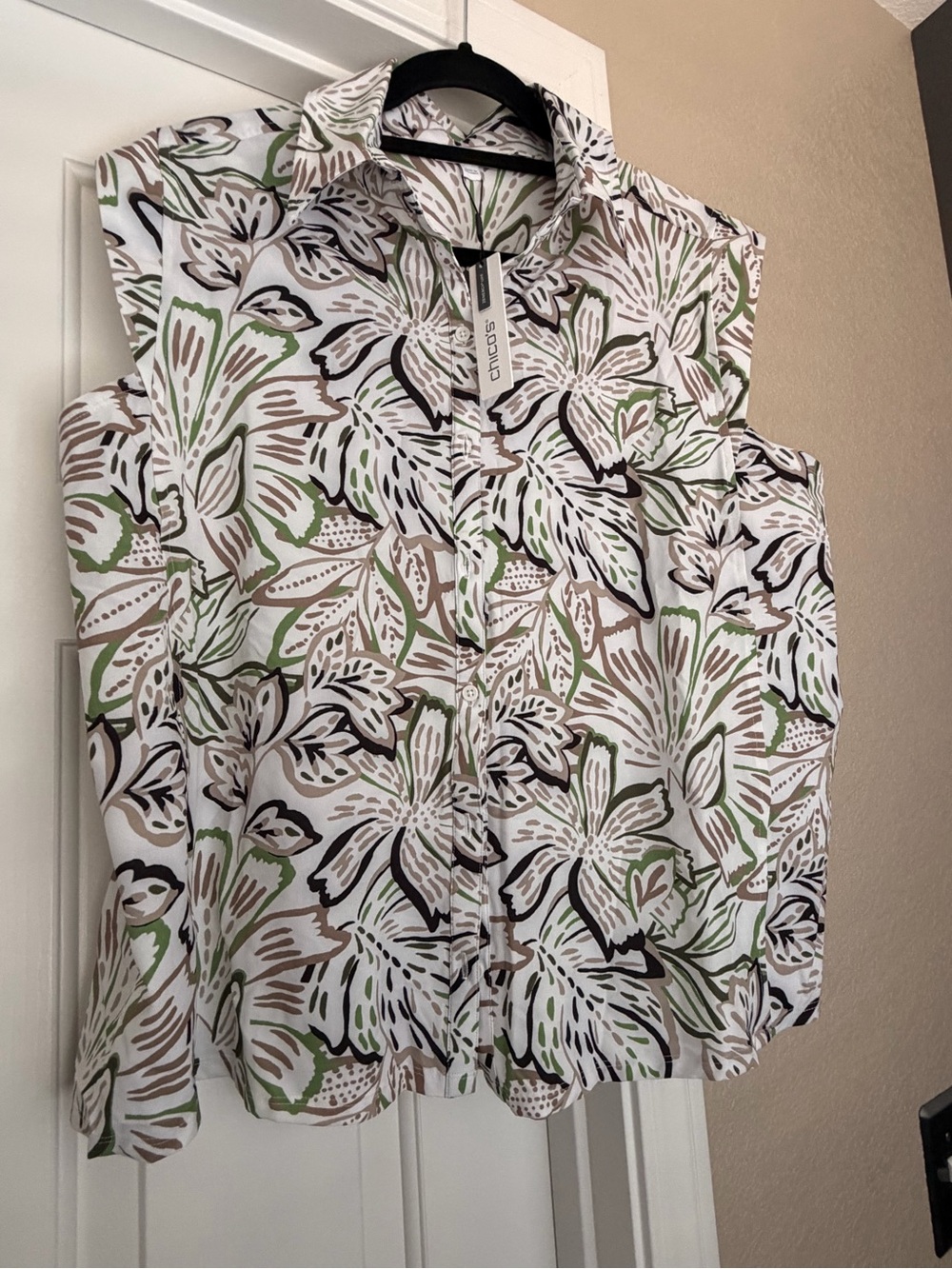 Chico's Printed Button-Up Top in White, Green & Brown